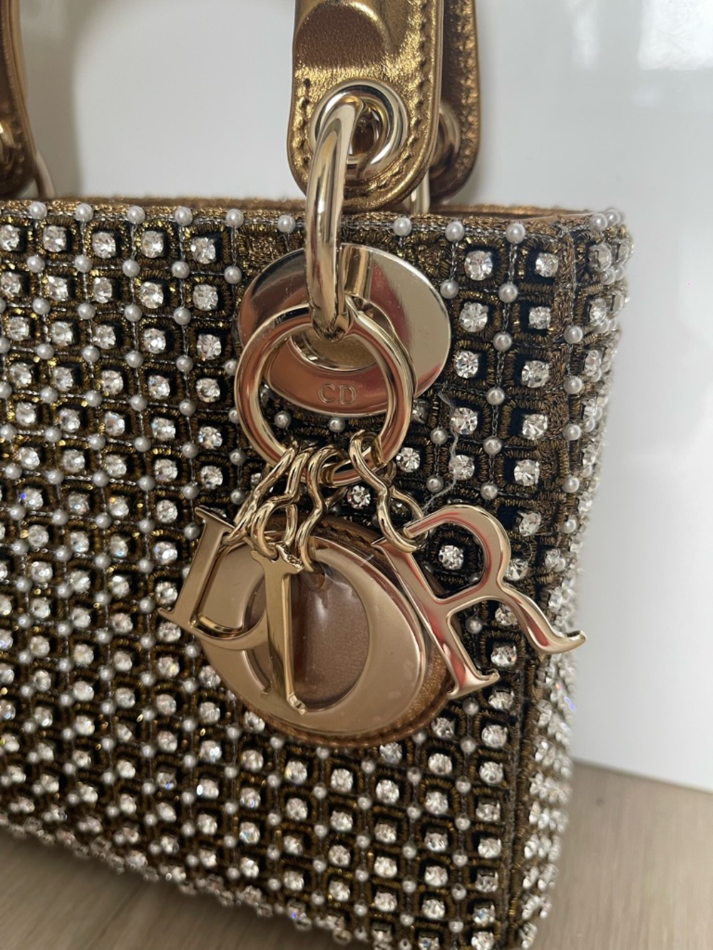 Lady Dior Mini Crystal-Embellished Bag in Gold - Picture 4 of 11